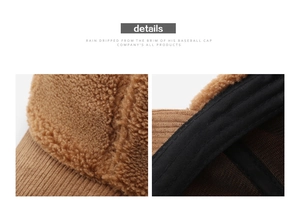 Détails du tissu en velours côtelé marron et de la doublure en sherpa de la casquette