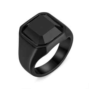 Minimalist matte black signet ring for men featuring a square faceted black gemstone inlay