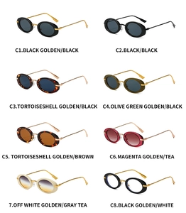 Grid showing eight oval vintage sunglasses in various colors like black and tortoiseshell