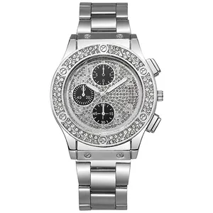 Luxury silver quartz watch with full diamond bezel and stainless steel link bracelet