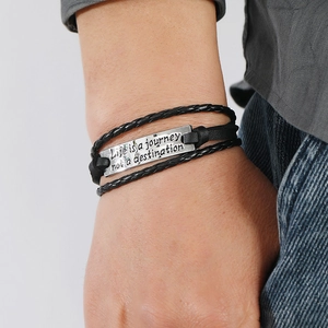 Multilayer braided black leather bracelet for men featuring engraved metal inspirational quote