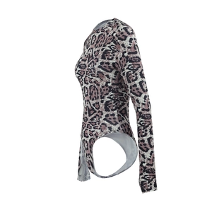 Detail view of long sleeve leopard print bodysuit with side profile on white background