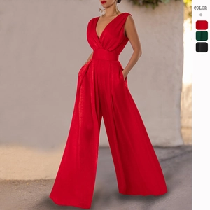 Women Deep V Neck Sleeveless Wide Leg Jumpsuit High Waist Slim Fit Polyester Sexy Fashion Long Pants Romper