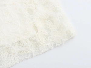 Close-up detail of white lace fabric with intricate floral patterns and elegant texture