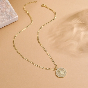 18K gold plated necklace featuring a round Virgin Mary pendant with sparkling cubic zirconia