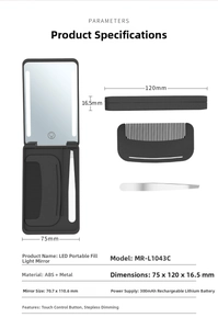 Macro detail of LED makeup mirror kit with comb, tweezers, and portable storage case