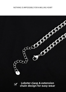 Detail view of silver stainless steel chain with lobster clasp and extension chain length