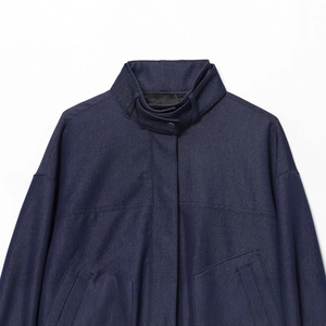 Navy blue stand collar bomber jacket with raglan sleeves and snap button closure