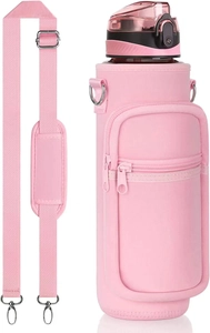 Pink neoprene water bottle carrier with front zipper pocket and adjustable shoulder strap