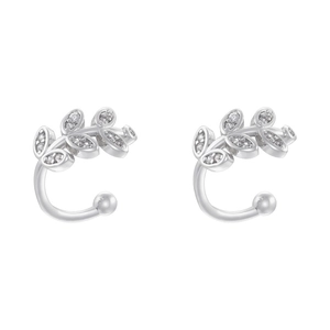 Detail view of silver leaf-shaped ear cuffs with zircon inlays and non-pierced design