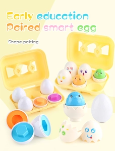 Detail of 6pcs shape sorting smart eggs with colorful geometric patterns in yellow tray