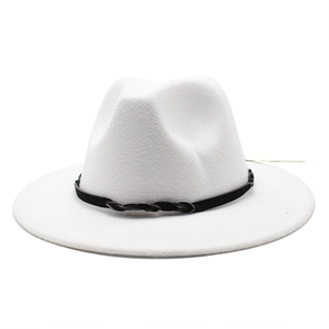 White wide brim wool fedora hat with black braided leather band detail for men and women