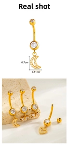 Detail showing dimensions of a 14K gold plated titanium belly ring with moon pendant