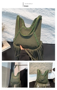 Detail of olive green suede tassel bag with sun embossing and silver stud rivets