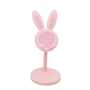 Pink rabbit-shaped desktop phone stand with adjustable ears and round base on white background