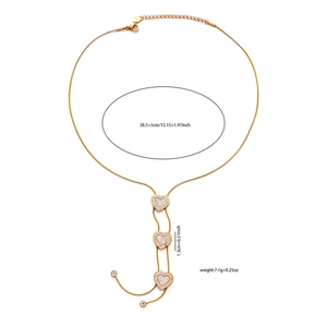 Detail view of gold heart necklace with dimensions 38.5 plus 5cm and 7.1g weight specs