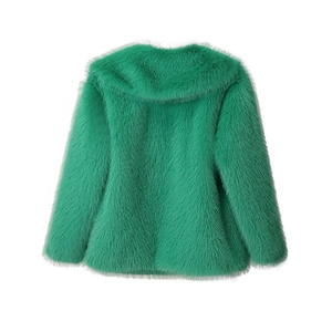 Back view of premium emerald green faux fur coat with thick long-pile texture