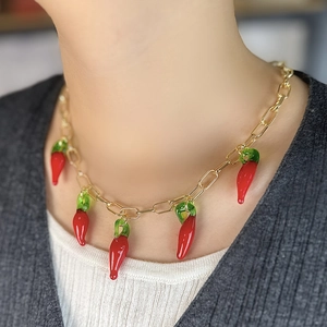 Chic red chili pepper lampwork glass pendants on a chunky gold chain necklace for women