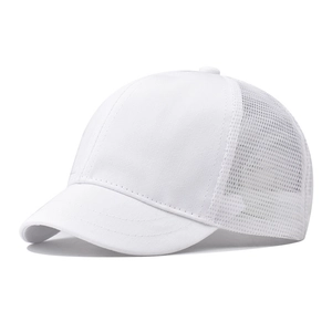 Detail view of white short-brim cap featuring breathable mesh back and twill fabric