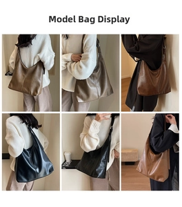 Collage of large soft leather tote bags in dark brown, olive, black, and caramel colors