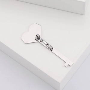 Macro shot of silver key-shaped brooch back showing pin fastener and metallic texture