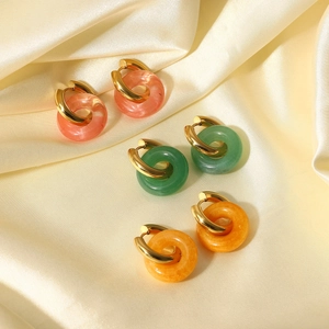 Three-pair set of French vintage 18K gold plated hoop earrings with colorful natural stones