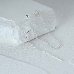 Polished S925 silver chain earrings with spherical stud and U-shaped cuff detail