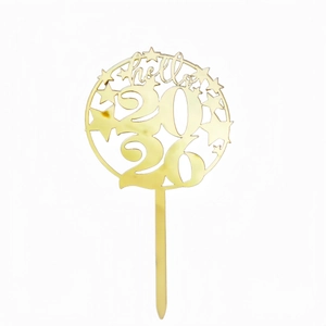 Golden acrylic cake topper featuring hello 2026 text and star pattern for party decor