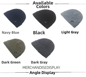 Detailed grid showing navy, black, gray, and dark green ribbed knit beanies with sport tags