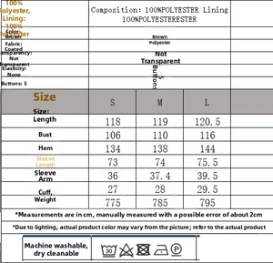 Detailed size chart for brown long coat featuring polyester material and care instructions