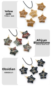 Detailed set of 30mm wire wrapped star pendants in yellow jade, blood stone, and obsidian