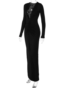 Detail of elegant black deep V-neck ruched dress with slimming long sleeves