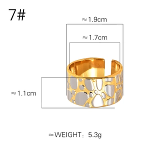 Two-tone pebble textured wide band ring in 18k gold plated stainless steel with dimensions