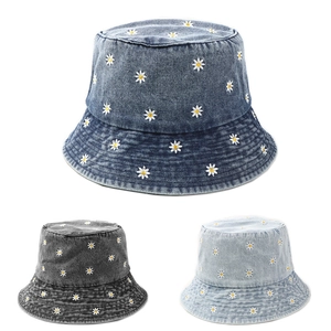 Washed Denim Bucket Hat With Daisy Embroidery Distressed Vintage Cotton Sunshade Fisherman Basin Hat Women Korean Style