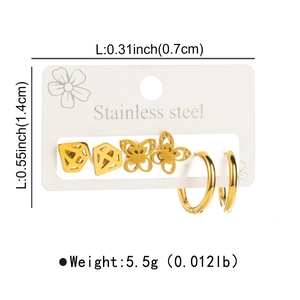 Detail of golden stainless steel earring set with crown, butterfly, and geometric shapes