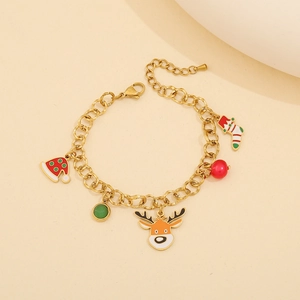 Bracelet charms de Noël acier inoxydable or renne chapeau bijoux festifs vue détaillée