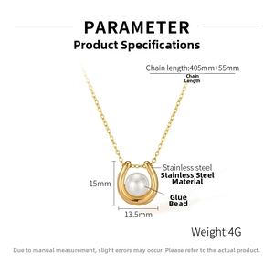 Technical drawing showing measurements of a gold horseshoe necklace with glue bead pearl
