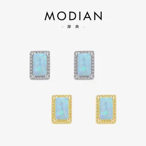 Rectangular Opal Stud Earrings With 925 Sterling Silver Earring Post Geometric Beaded Edge Sweet Jewelry For Women