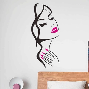 Modern Minimalist PVC Wall Sticker Elegant Woman Face Hand Line Art Decal Pink Lip Nail Decoration For Bedroom Salon