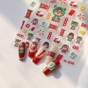 Autocollants Ongles Relief 3D Nouvel An Chinois Festif Chanceux Mahjong Design Autocollant Décoration Manucure Pour Femmes