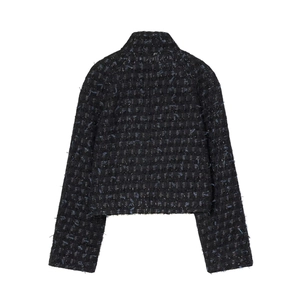 Fashionable black tweed jacket with blue and silver metallic thread and fringe details