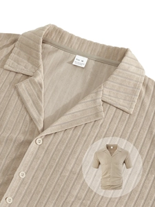 Close-up of beige lapel collar and textured vertical stripes on men's summer shirt