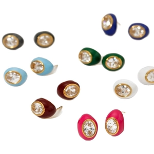 Vintage stainless steel earrings with colorful enamel glaze and sparkling zircon inlay
