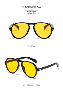Front and side views of vintage pilot sunglasses with black frames and yellow lenses