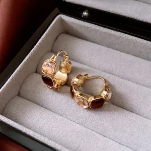 Vintage Geometric U Shaped Square Rhinestone Resin Huggie Earrings Gold Brown Retro Aesthetic For Women
