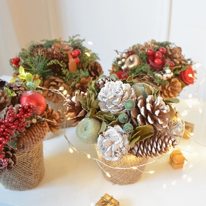 Gilded rose pinecone Christmas desktop bonsai with LED lights and burlap base