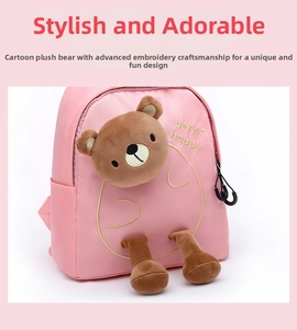 Close-up of pink toddler backpack with 3D plush bear and very happy embroidery detail
