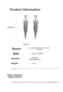 Detail showing long triangle rhinestone tassel earrings size 10.8cm by 2.0cm