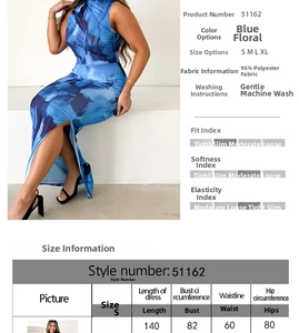 Detailed size information and fabric specifications for blue floral sleeveless maxi dress