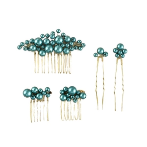 Detailed set of 5 turquoise pearl bridal hair combs and pins with gold wiring